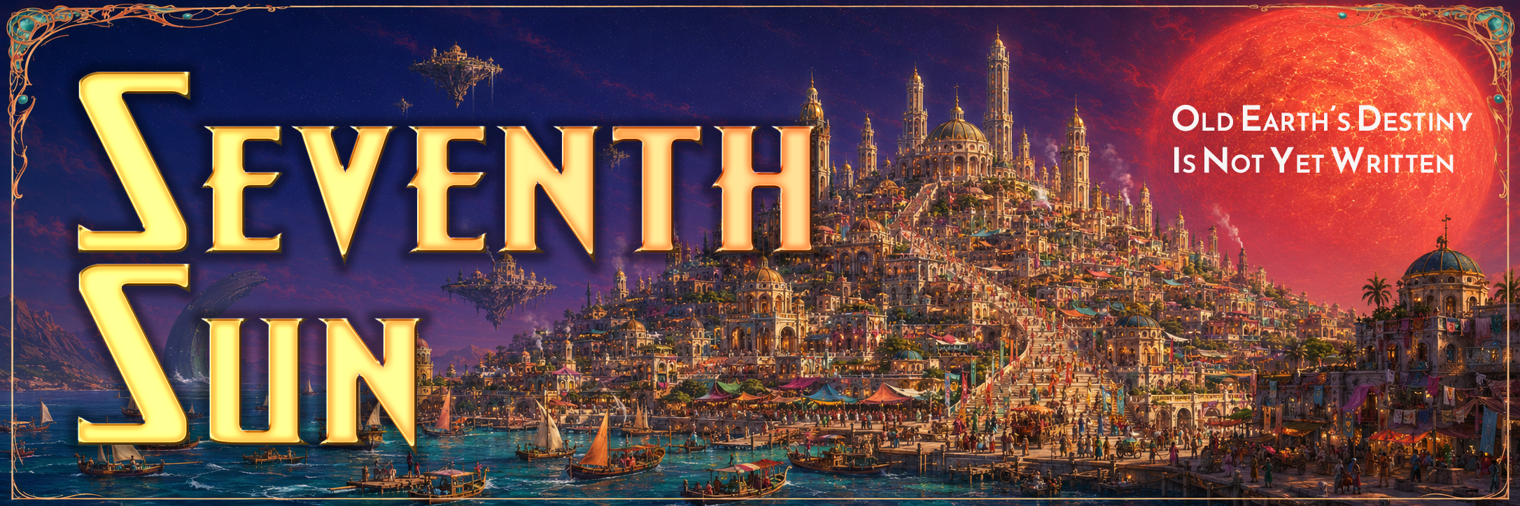 A thriving city of Old Earth beneath the immense red Seventh Sun, with small islands floating in the sky and an inexplicable green-black remnant rising from the sea.