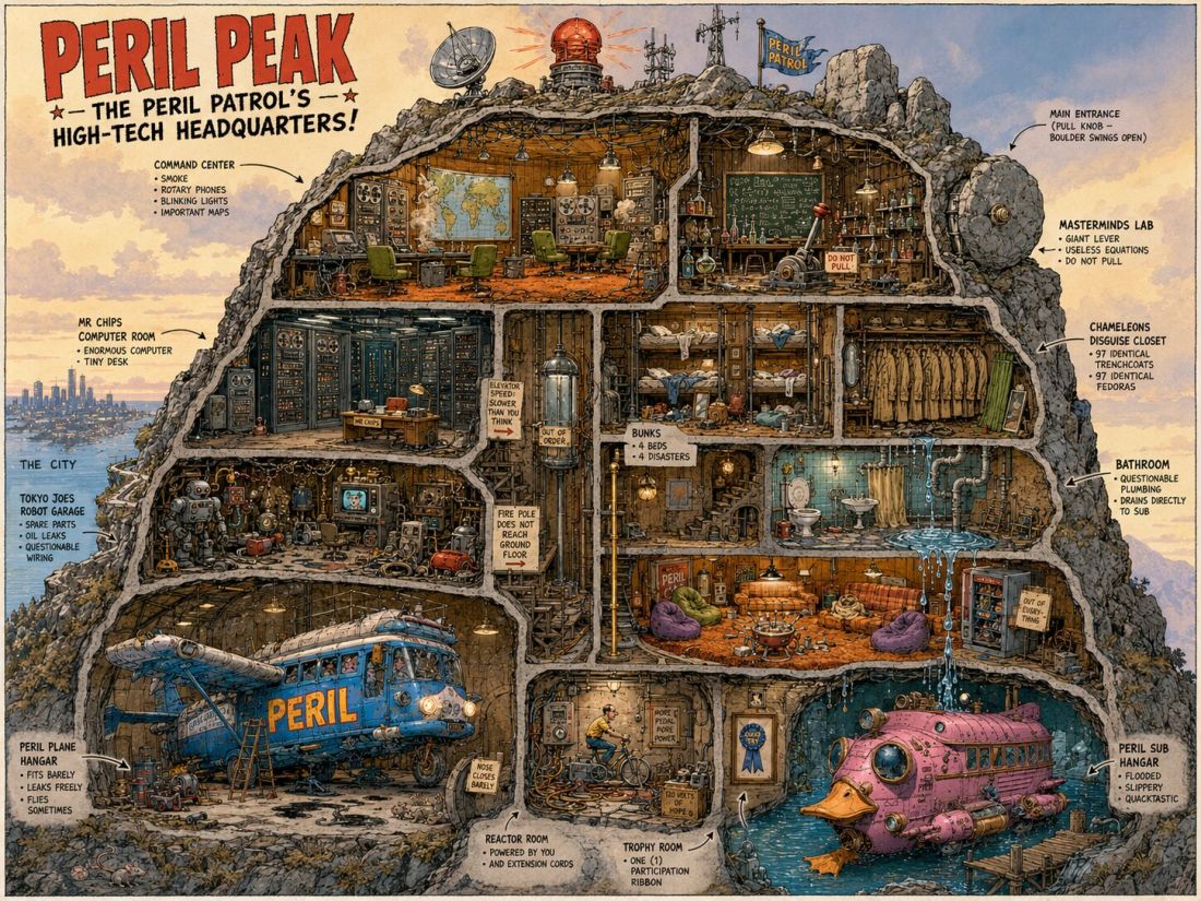 Cutaway illustration of Peril Peak and its many questionable facilities